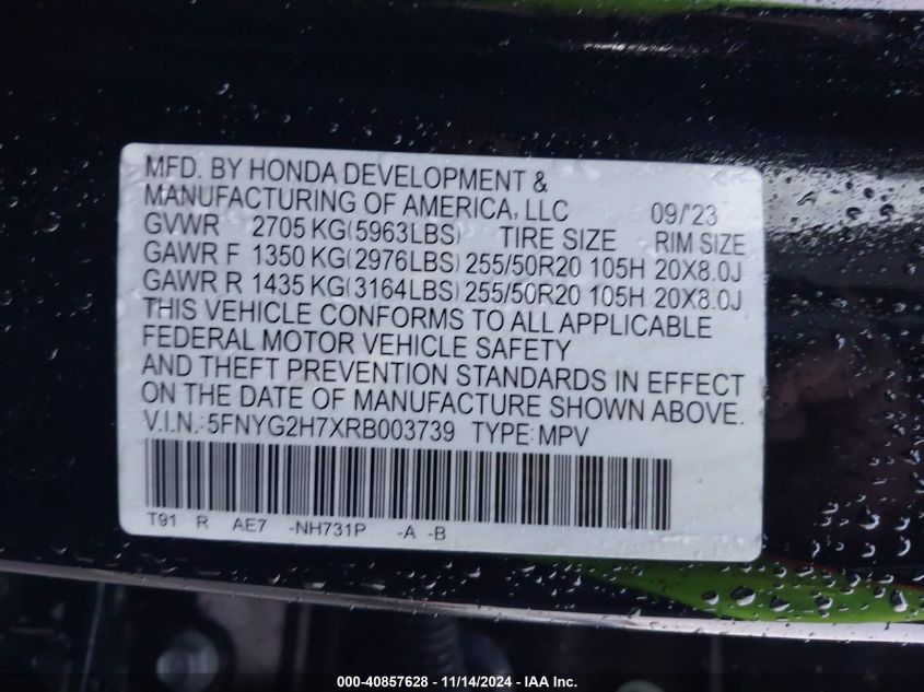 2024 Honda Pilot Touring VIN: 5FNYG2H7XRB003739 Lot: 40857628