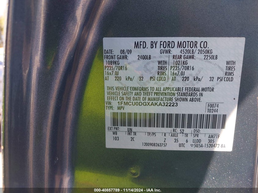 2010 Ford Escape VIN: 1FMTU0DGXAKA32223 Lot: 40857789