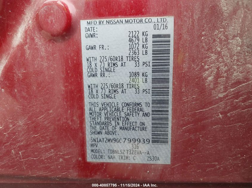 2016 NISSAN ROGUE SL - 5N1AT2MV9GC799939