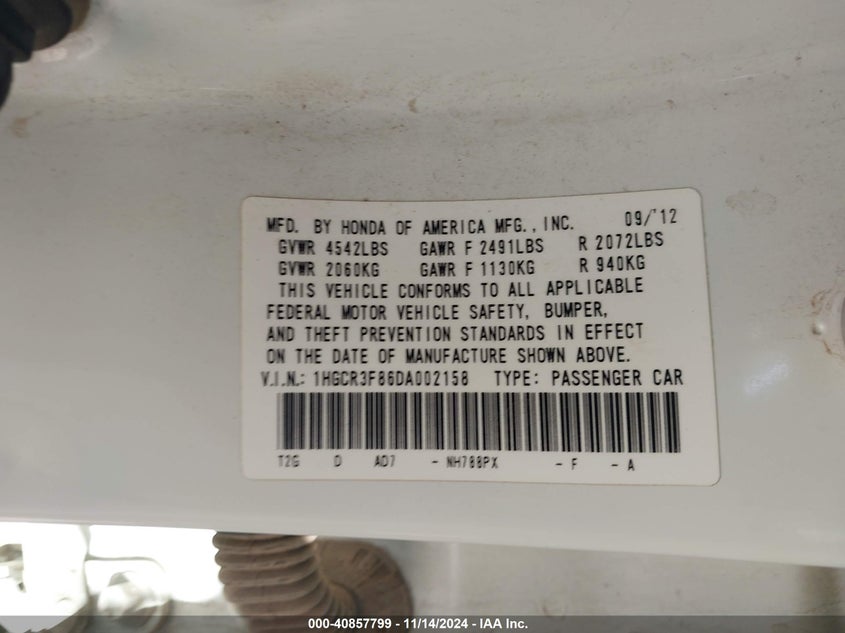 2013 HONDA ACCORD VIN: 1HGCR3F86DA002158