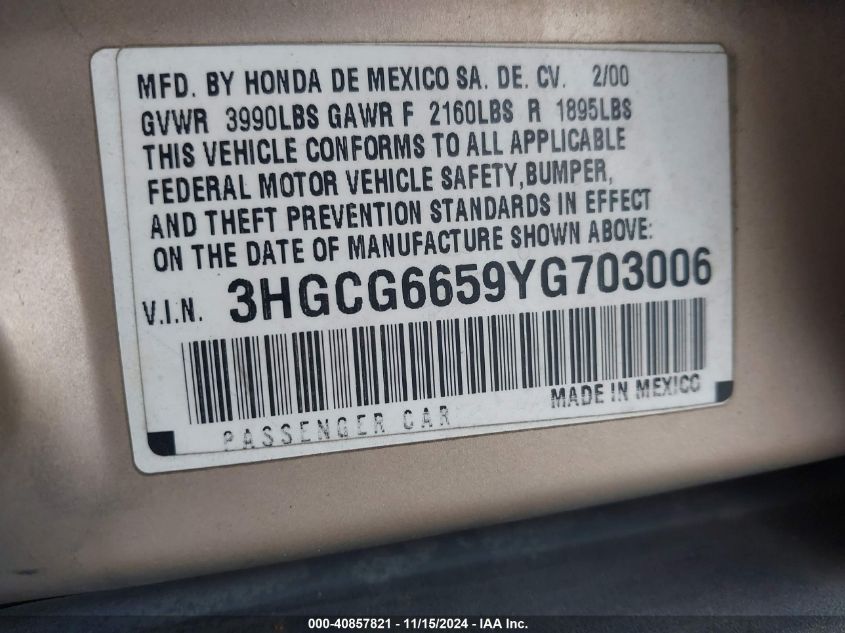 2000 Honda Accord 2.3 Lx VIN: 3HGCG6659YG703006 Lot: 40857821