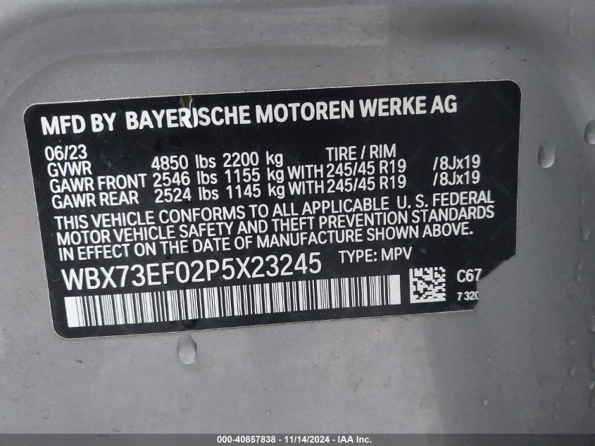 2023 BMW X1 xDrive28I VIN: WBX73EF02P5X23245 Lot: 40857838