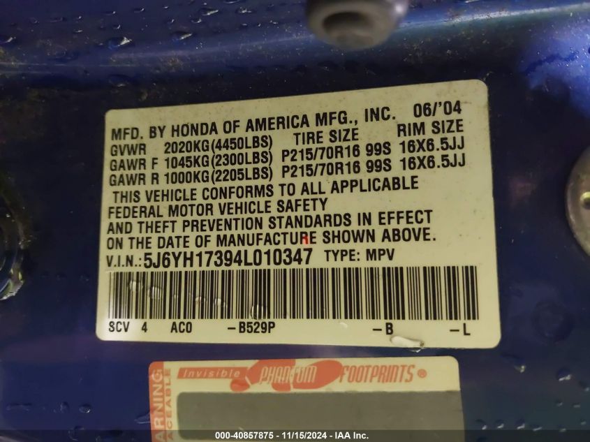 2004 Honda Element Lx VIN: 5J6YH17394L010347 Lot: 40857875
