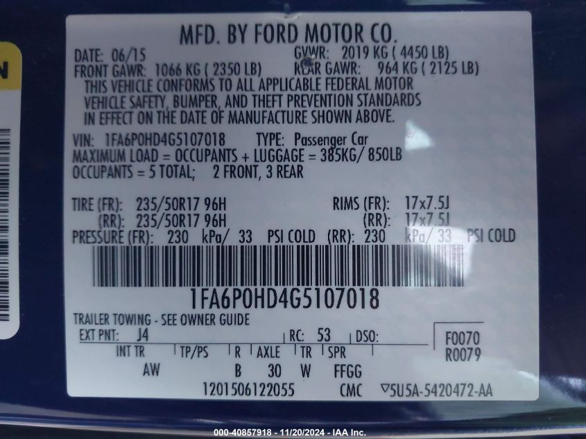 2016 Ford Fusion Se VIN: 1FA6P0HD4G5107018 Lot: 40857918