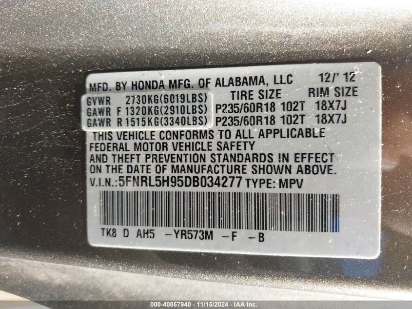 2013 Honda Odyssey Touring/Touring Elite VIN: 5FNRL5H95DB034277 Lot: 40857940