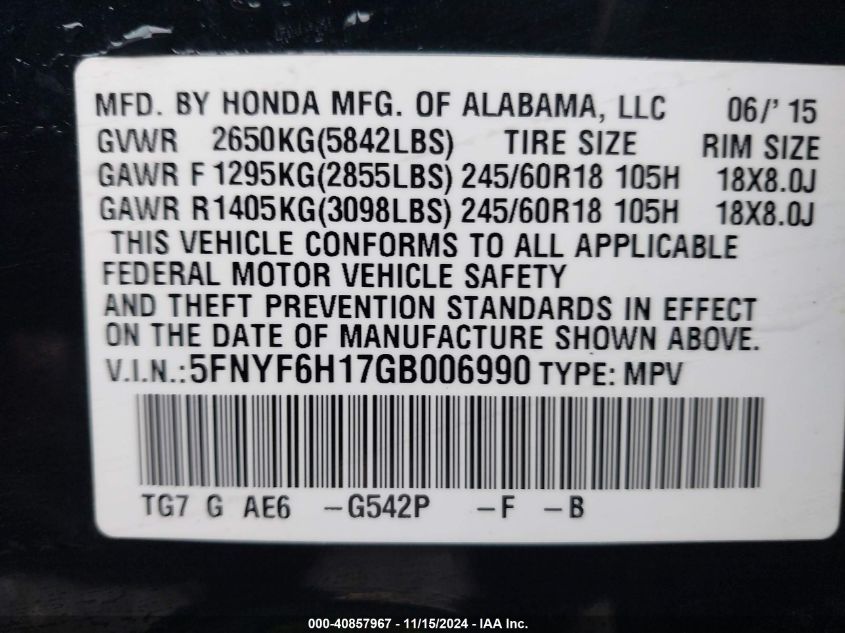 2016 Honda Pilot Lx VIN: 5FNYF6H17GB006990 Lot: 40857967