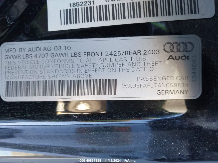 2010 Audi A4 2.0T Premium VIN: WAUEFAFL7AN059835 Lot: 40857988