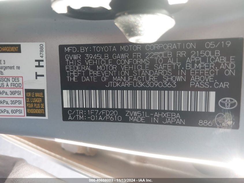 2019 TOYOTA PRIUS VIN: JTDKARFU3K3090363