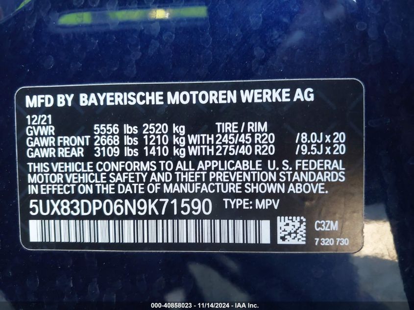 2022 BMW X3 M40I VIN: 5UX83DP06N9K71590 Lot: 40858023