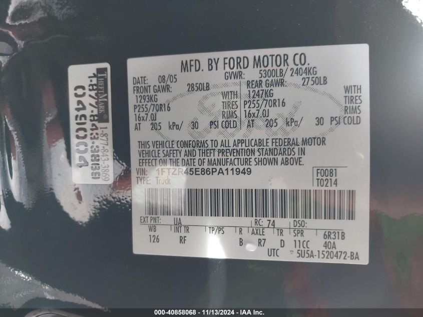 2006 FORD RANGER VIN: 1FTZR45E86PA11949