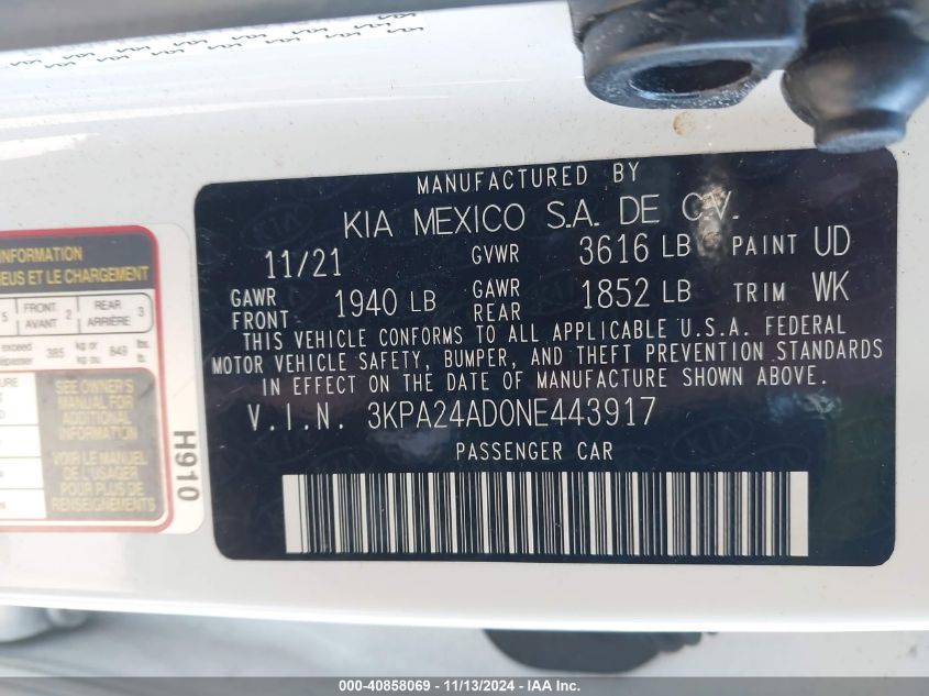 2022 Kia Rio S VIN: 3KPA24AD0NE443917 Lot: 40858069