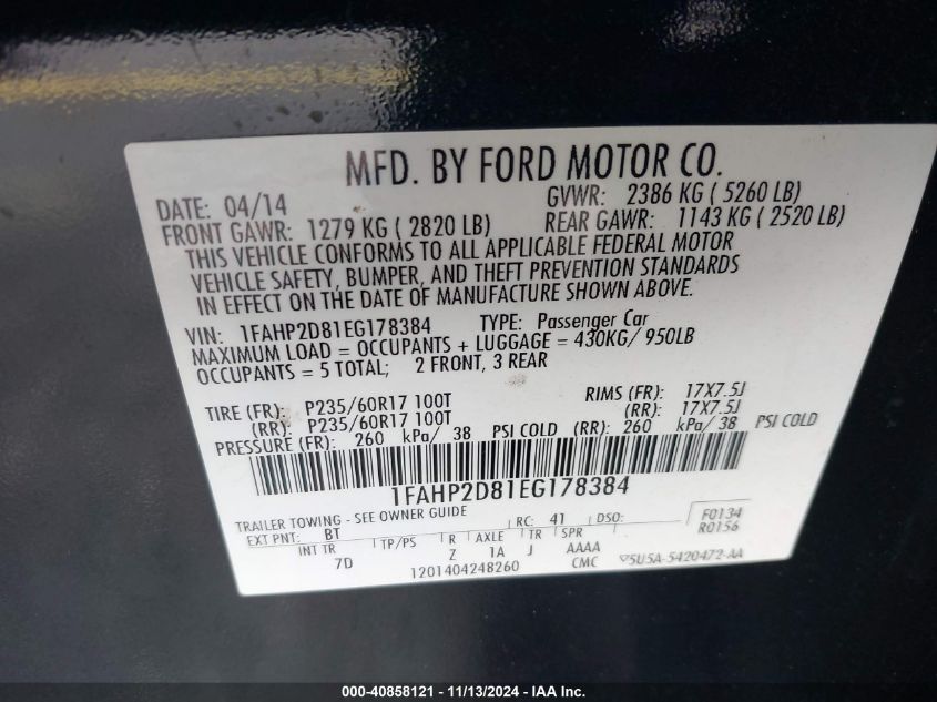 VIN 1FAHP2D81EG178384 2014 Ford Taurus, SE no.9