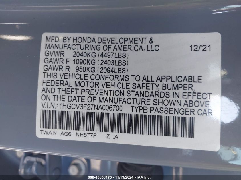 2022 Honda Accord Hybrid Sport VIN: 1HGCV3F27NA006700 Lot: 40858175