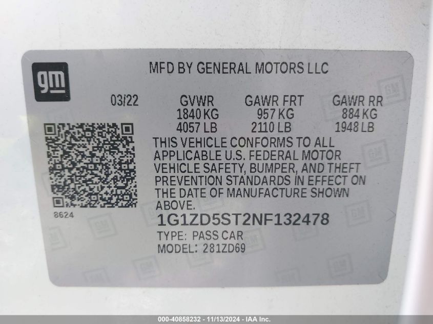 VIN 1G1ZD5ST2NF132478 2022 CHEVROLET MALIBU FWD LT