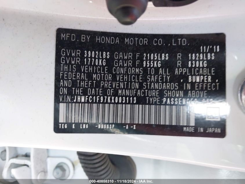 VIN JHMFC1F97KX003113 2019 HONDA CIVIC TOURING