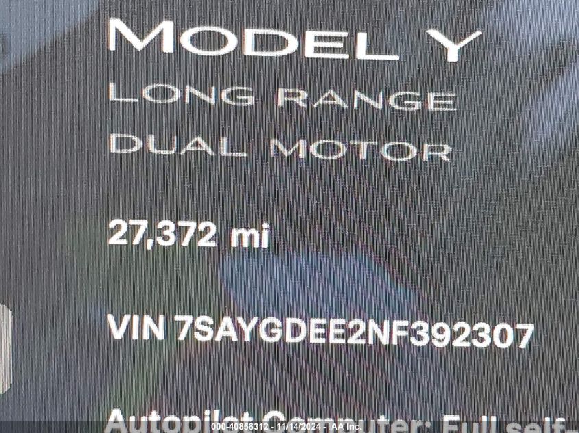 2022 Tesla Model Y Long Range Dual Motor All-Wheel Drive VIN: 7SAYGDEE2NF392307 Lot: 40858312