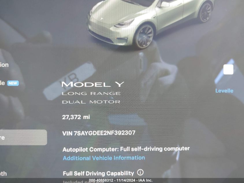 2022 Tesla Model Y Long Range Dual Motor All-Wheel Drive VIN: 7SAYGDEE2NF392307 Lot: 40858312