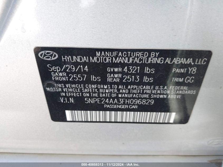 2015 Hyundai Sonata Eco VIN: 5NPE24AA3FH096829 Lot: 40858313