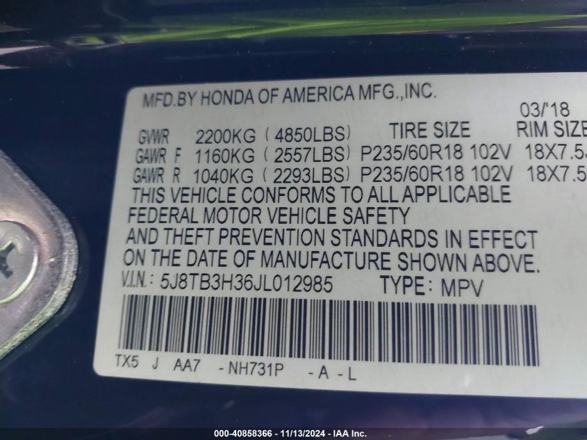 2018 Acura Rdx Acurawatch Plus Package VIN: 5J8TB3H36JL012985 Lot: 40858366