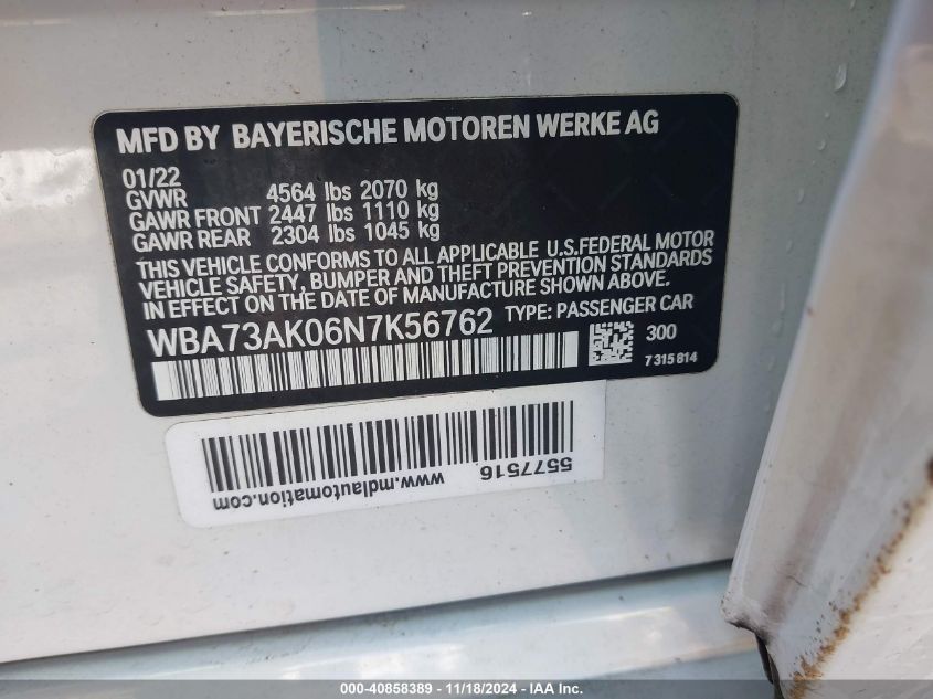 2022 BMW 228Xi I xDrive VIN: WBA73AK06N7K56762 Lot: 40858389