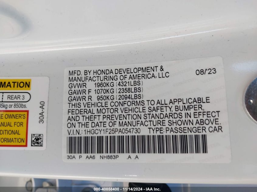 2023 Honda Accord Lx VIN: 1HGCY1F25PA054730 Lot: 40858400