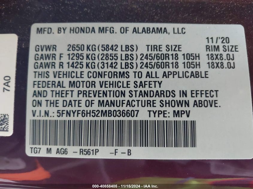 2021 Honda Pilot Awd Ex-L VIN: 5FNYF6H52MB036607 Lot: 40858405