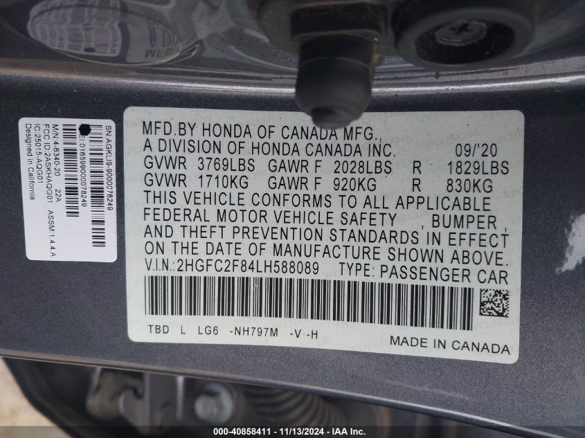 2020 Honda Civic Sport VIN: 2HGFC2F84LH588089 Lot: 40858411