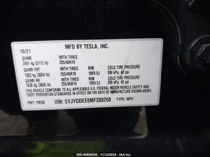 2021 Tesla Model Y Long Range Dual Motor All-Wheel Drive VIN: 5YJYGDEE8MF288268 Lot: 40858536