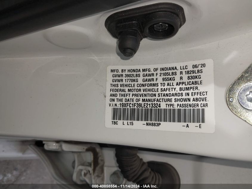 2020 Honda Civic Ex VIN: 19XFC1F39LE213324 Lot: 40858554