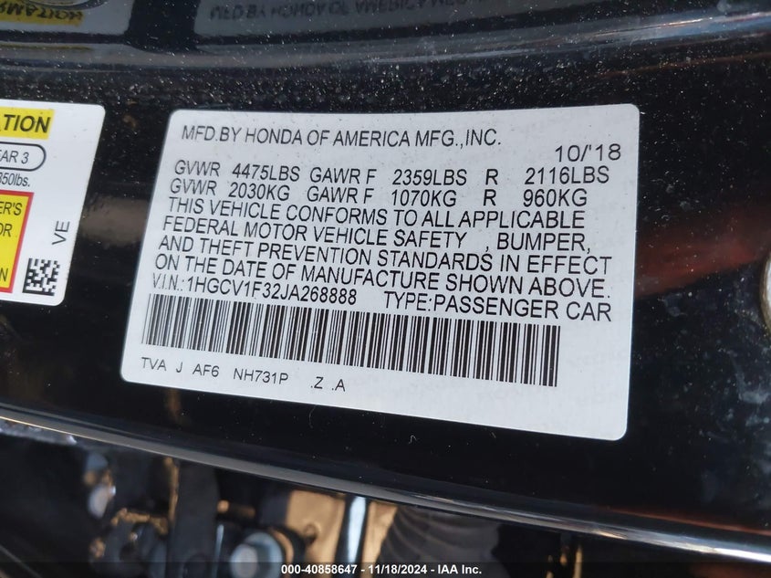 2018 HONDA ACCORD VIN: 1HGCV1F32JA268888