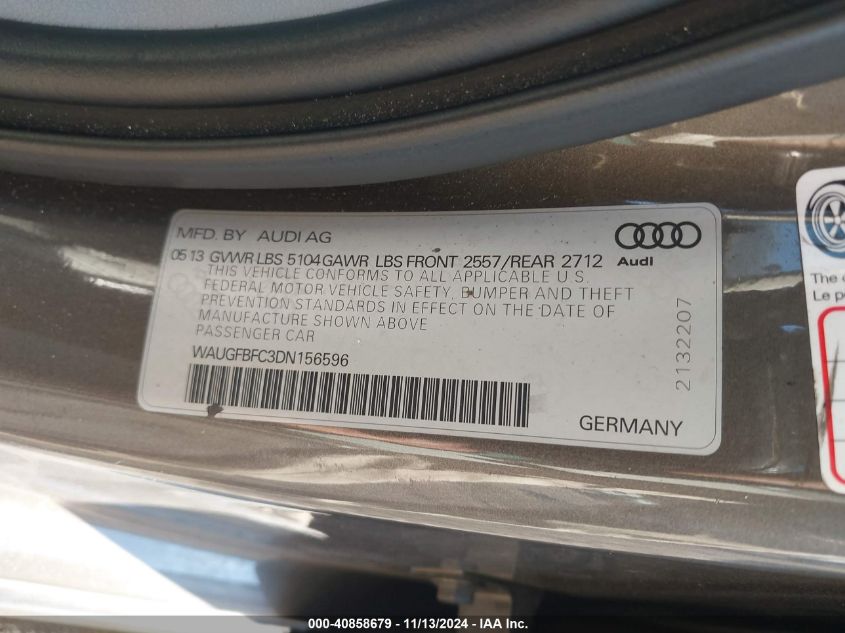 2013 Audi A6 2.0T Premium VIN: WAUGFBFC3DN156596 Lot: 40858679