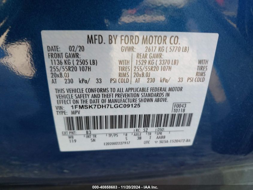 2020 Ford Explorer Xlt VIN: 1FMSK7DH7LGC09125 Lot: 40858683