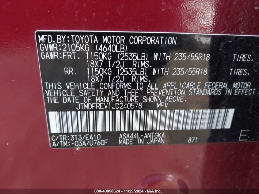 2018 TOYOTA RAV4 VIN: JTMDFREV1JD240578