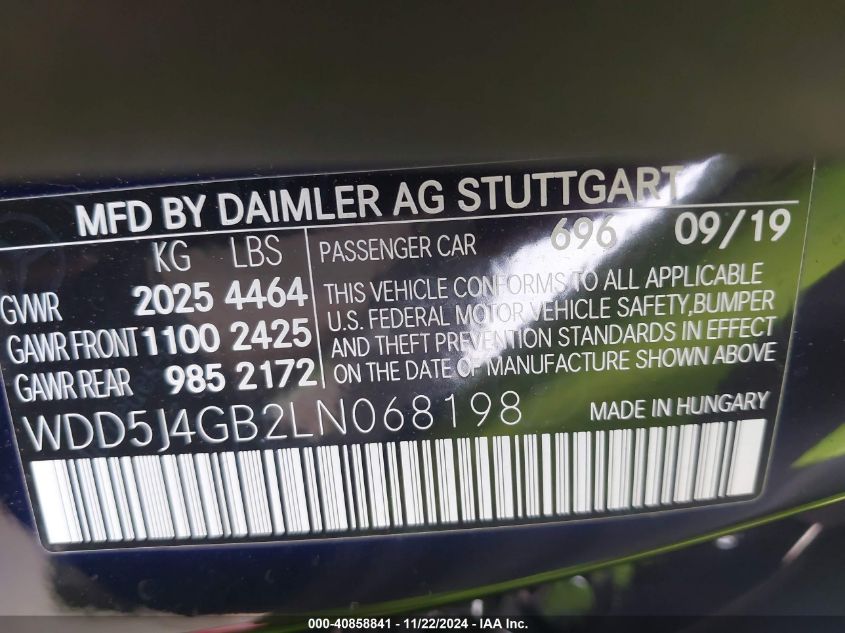 2020 Mercedes-Benz Cla 250 VIN: WDD5J4GB2LN068198 Lot: 40858841