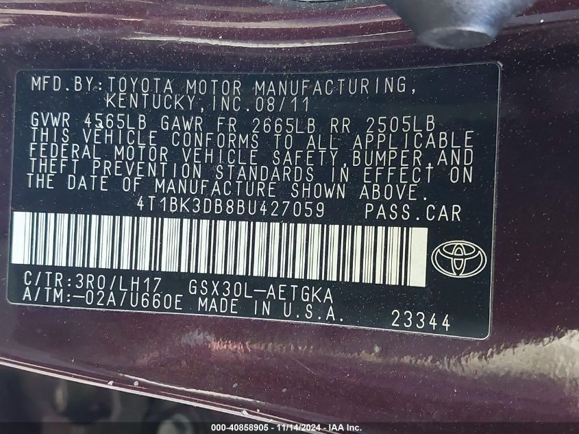 2011 Toyota Avalon VIN: 4T1BK3DB8BU427059 Lot: 40858905