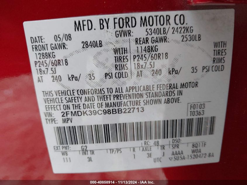 2008 Ford Edge Limited VIN: 2FMDK39C98BB22713 Lot: 40858914