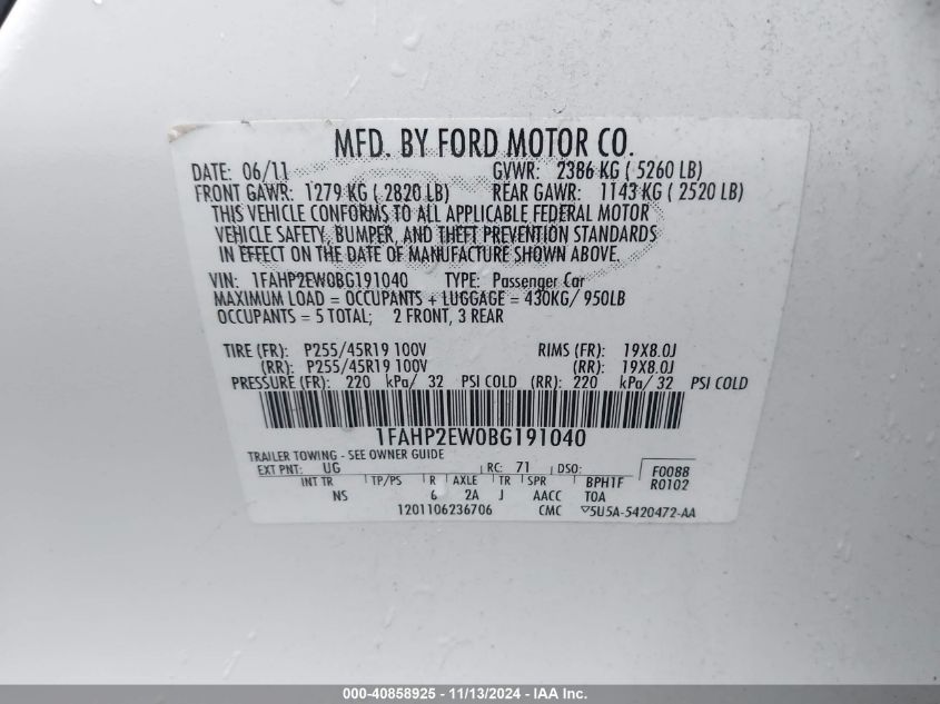 2011 Ford Taurus Sel VIN: 1FAHP2EW0BG191040 Lot: 40858925