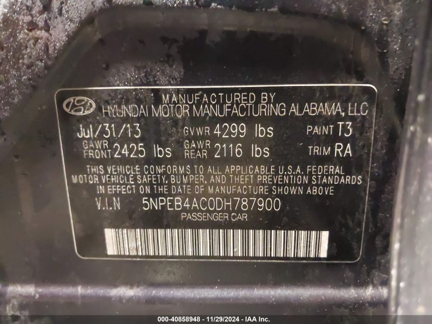 VIN 5NPEB4AC0DH787900 2013 Hyundai Sonata, Gls no.9