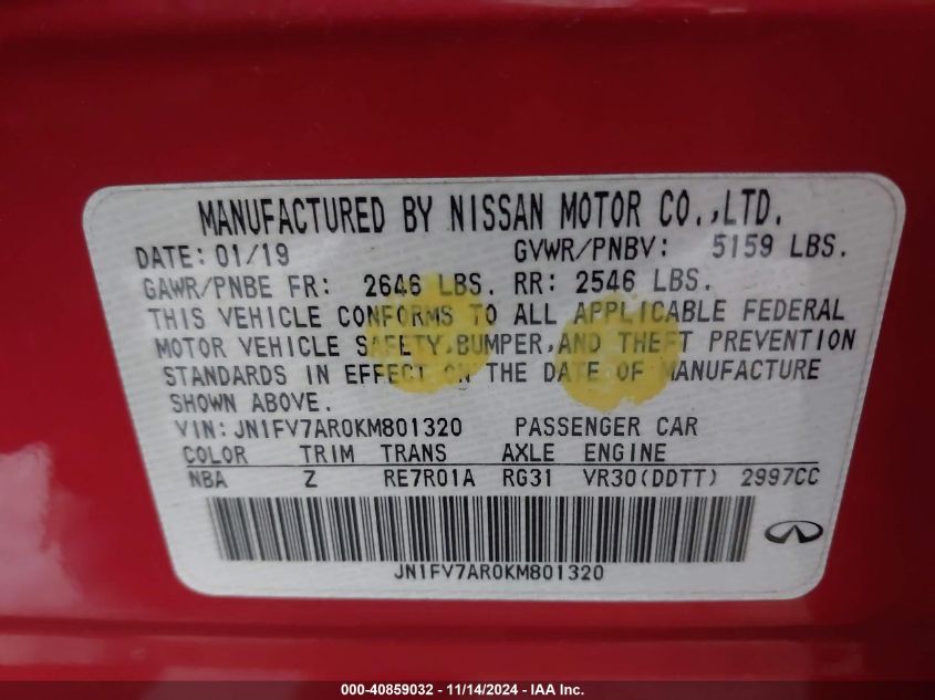 2019 Infiniti Q50 3.0T Red Sport 400 VIN: JN1FV7AR0KM801320 Lot: 40859032