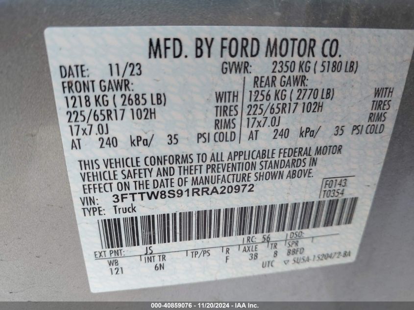 2024 Ford Maverick Lariat VIN: 3FTTW8S91RRA20972 Lot: 40859076