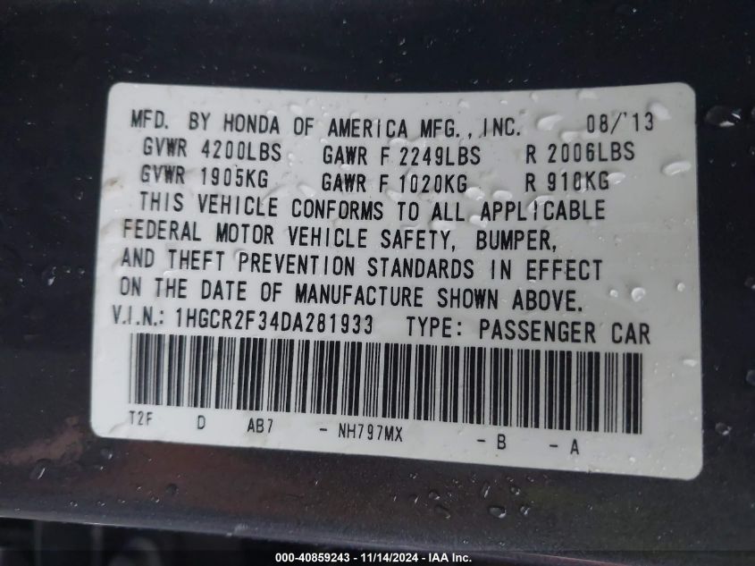 2013 Honda Accord Lx VIN: 1HGCR2F34DA281933 Lot: 40859243