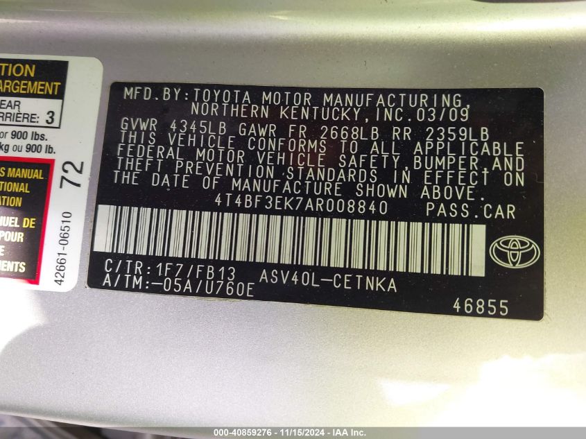 2010 TOYOTA CAMRY VIN: 4T4BF3EK7AR008840