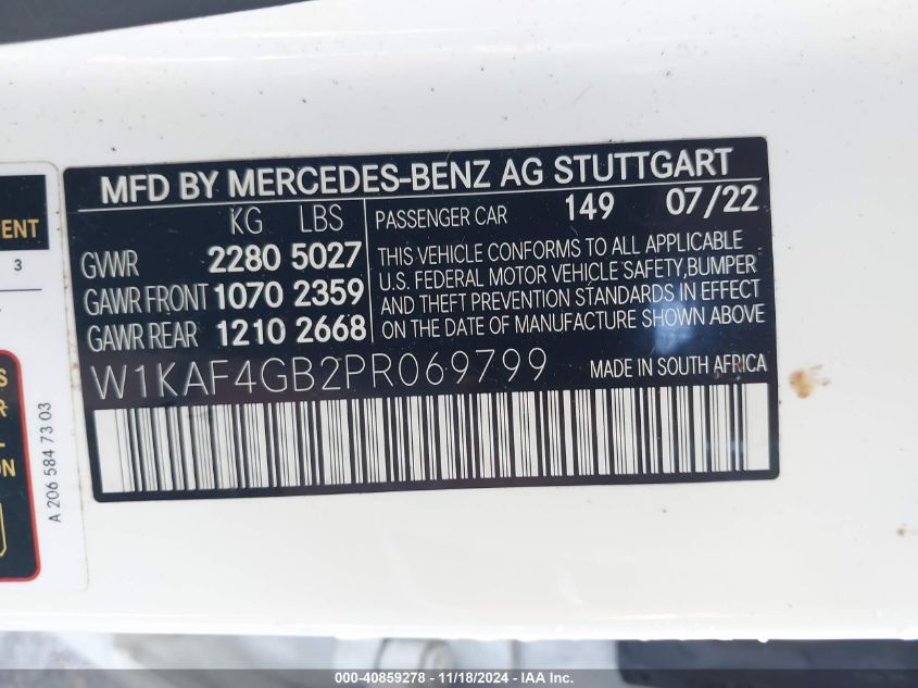 2023 Mercedes-Benz C 300 VIN: W1KAF4GB2PR069799 Lot: 40859278