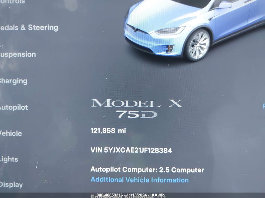 2018 Tesla Model X 100D/75D/P100D VIN: 5YJXCAE21JF128384 Lot: 40859316