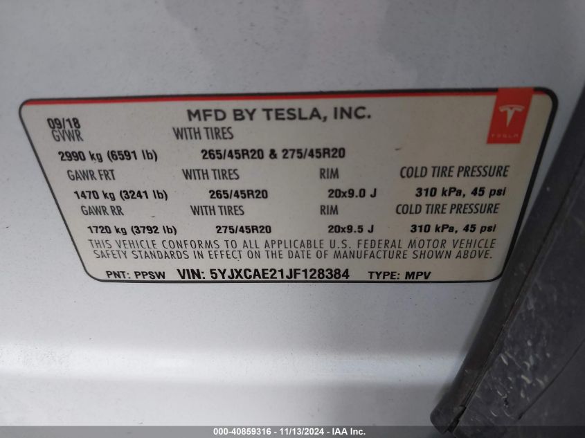 2018 Tesla Model X 100D/75D/P100D VIN: 5YJXCAE21JF128384 Lot: 40859316