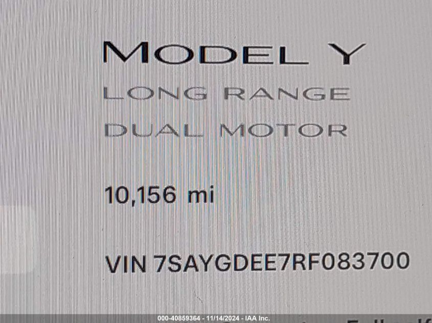 2024 Tesla Model Y Long Range Dual Motor All-Wheel Drive VIN: 7SAYGDEE7RF083700 Lot: 40859364