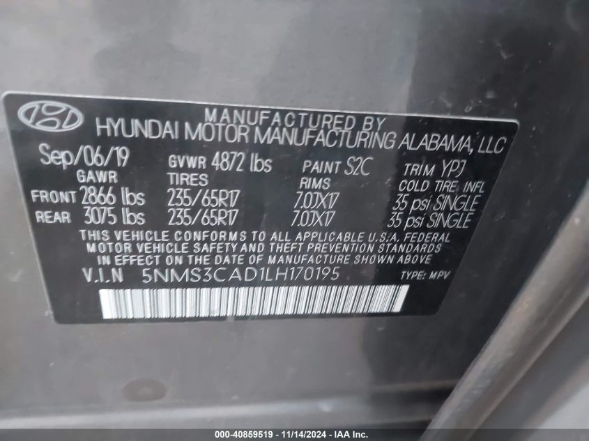 2020 Hyundai Santa Fe Sel VIN: 5NMS3CAD1LH170195 Lot: 40859519