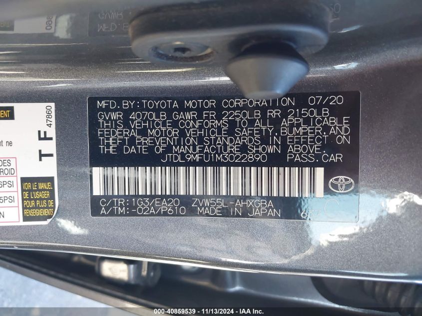 2021 Toyota Prius Xle Awd-E VIN: JTDL9MFU1M3022890 Lot: 40859539