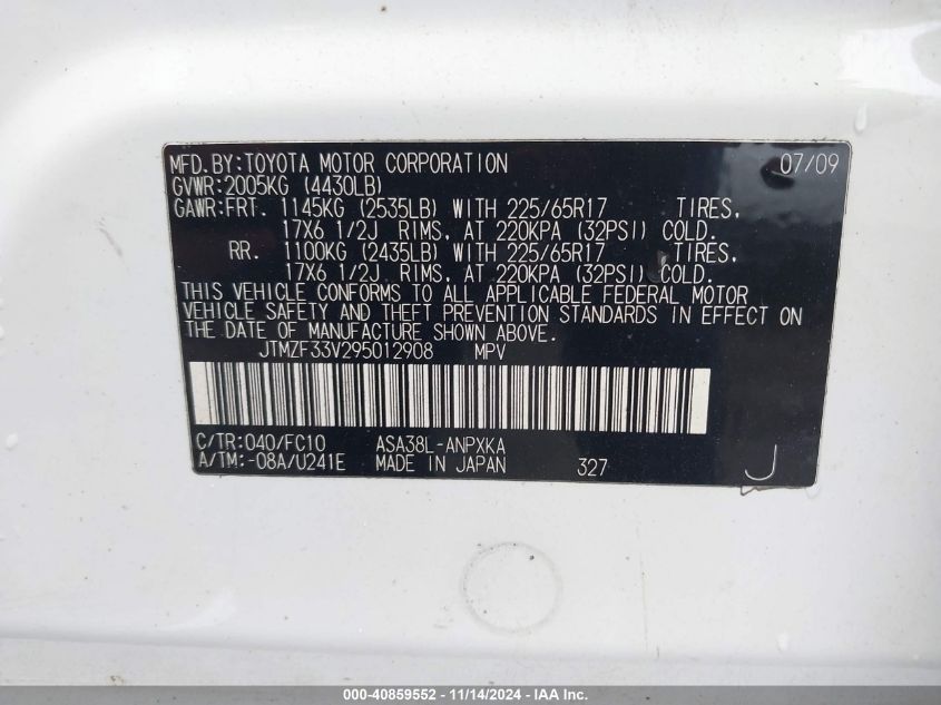 2009 Toyota Rav4 VIN: JTMZF33V295012908 Lot: 40859552