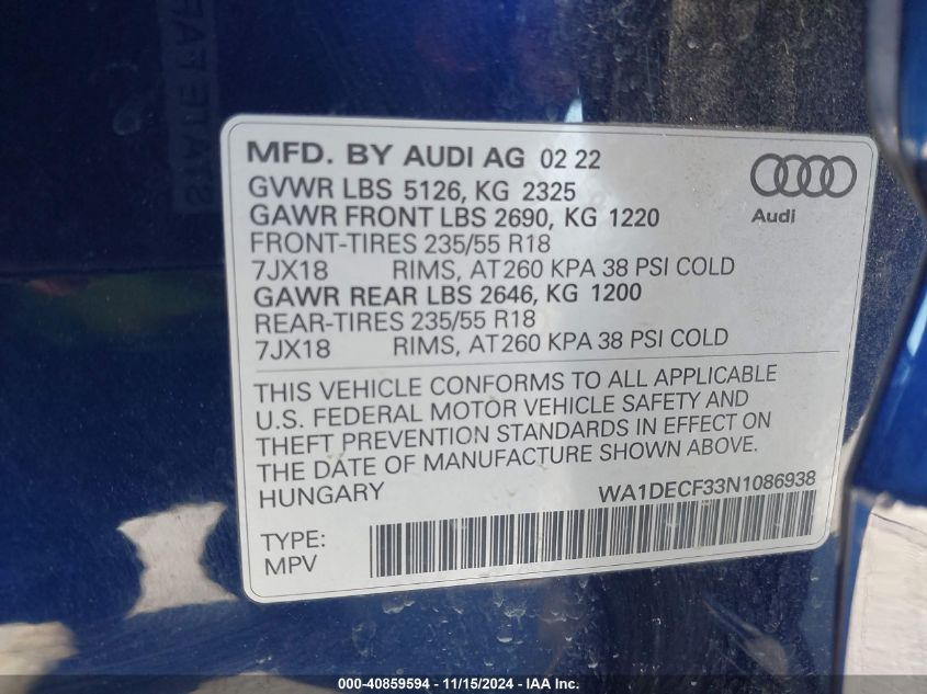 2022 Audi Q3 Premium 45 Tfsi S Line Quattro Tiptronic VIN: WA1DECF33N1086938 Lot: 40859594